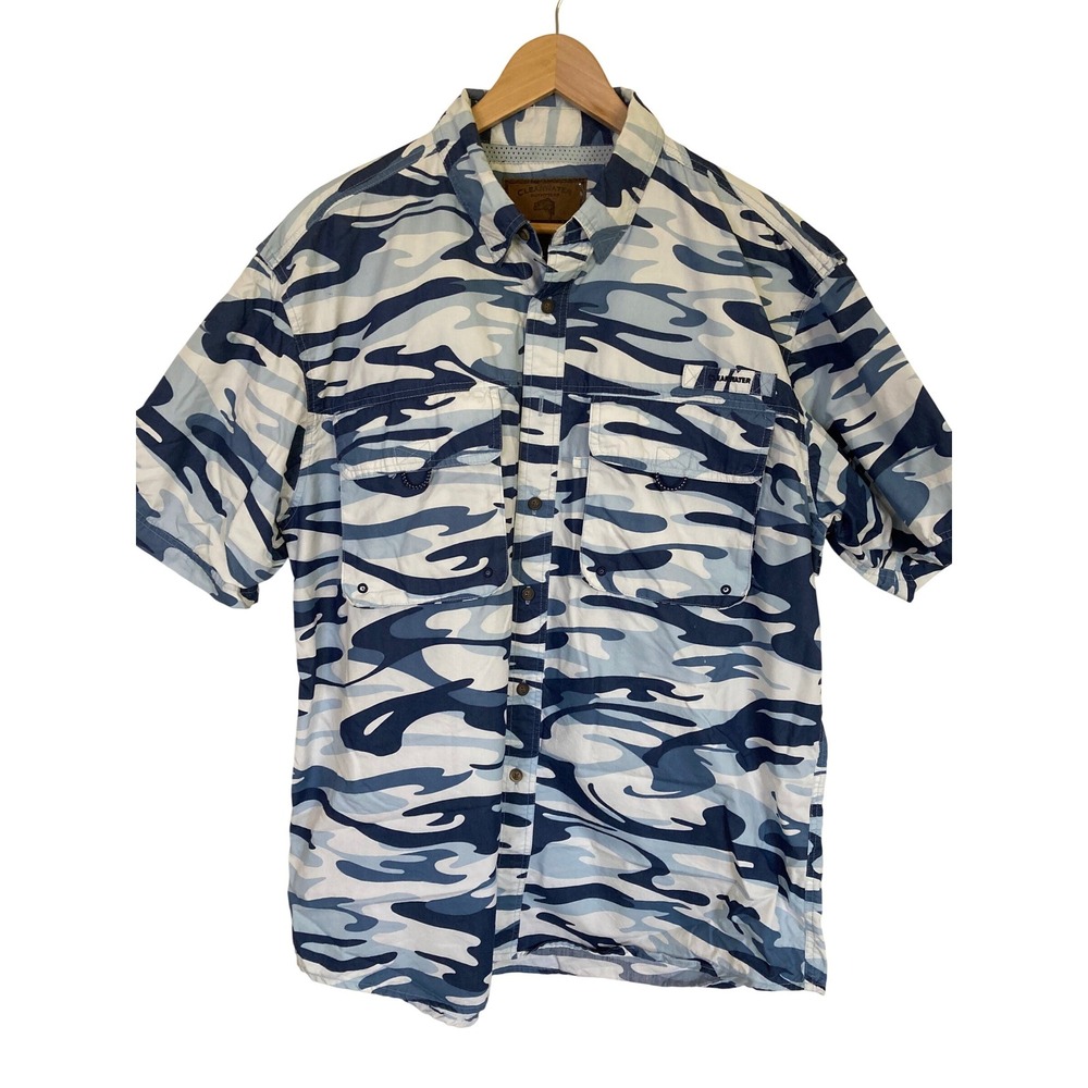 Clearwater Outfitters Mens Blue Camo Fishing Shirt Short Sleeve Utility‎ Large